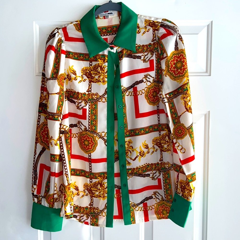 FashionNova Chain Gang Green & Gold  button down - Size M